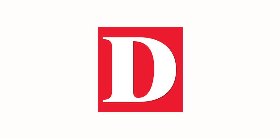 A white capital letter D on a red square background.