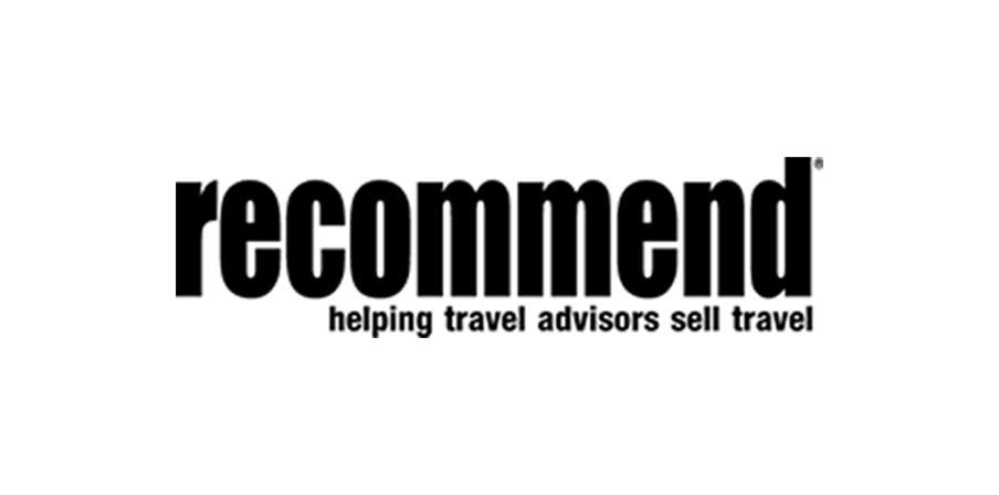 Black text logo reads recommend helping travel advisors sell travel on a light background.