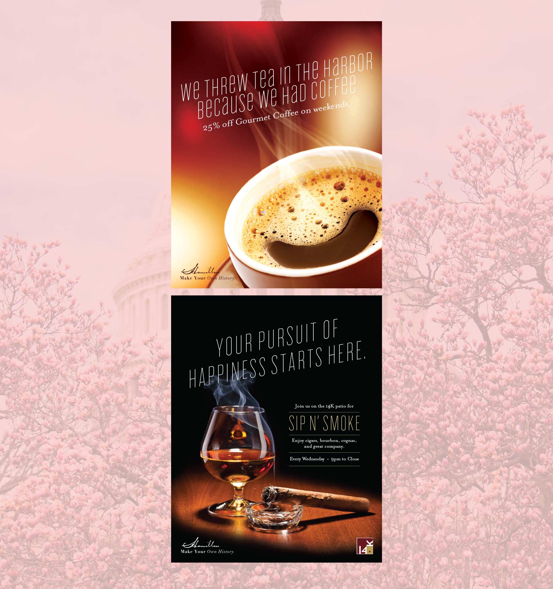 Top: Close-up of coffee cup; bottom: glass of whiskey, cigar, and text about a Sip N’ Smoke event.