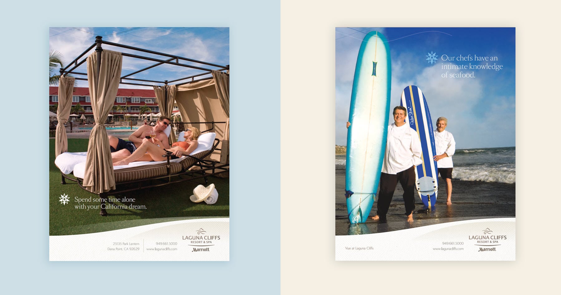Left: Couple relaxes under a cabana poolside. Right: Two chefs stand on the beach with surfboards.