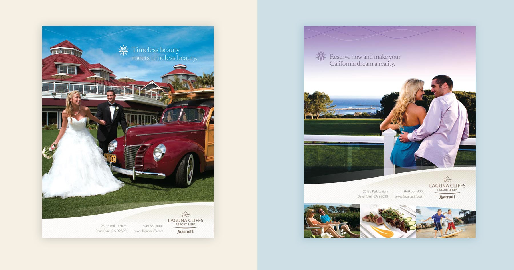 Two wedding-themed resort ads show couples outdoors, with classic cars, scenic views, and Laguna Cliffs Marriott branding.