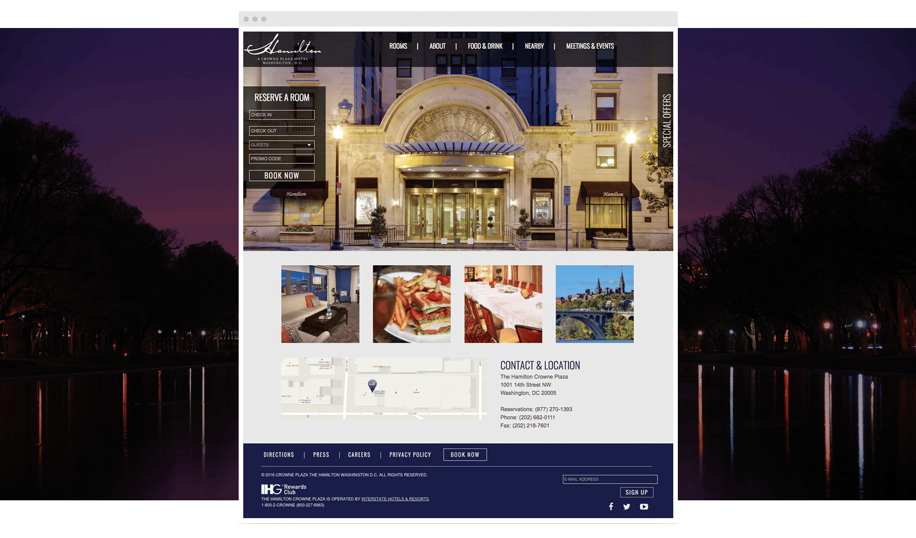 Hotel website homepage showing an ornate entrance, room options, dining, maps, and contact details.