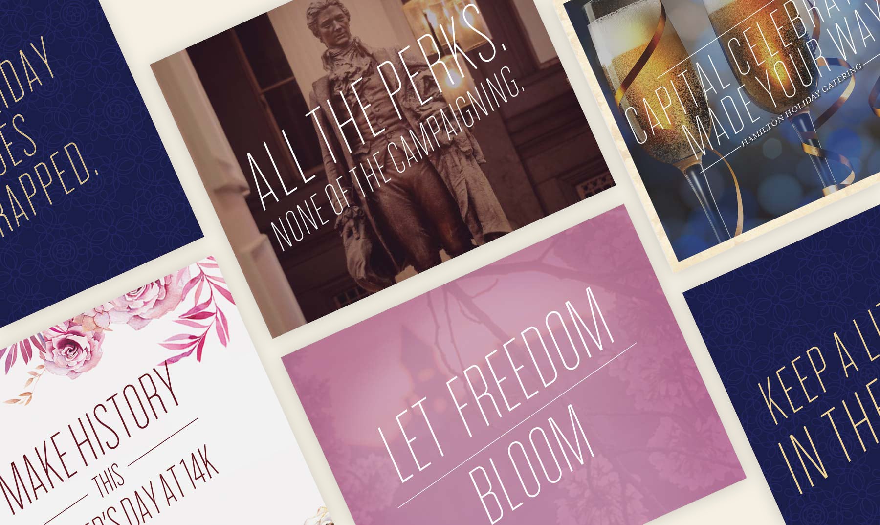 A collage of cards with elegant fonts, featuring various inspirational and promotional messages.
