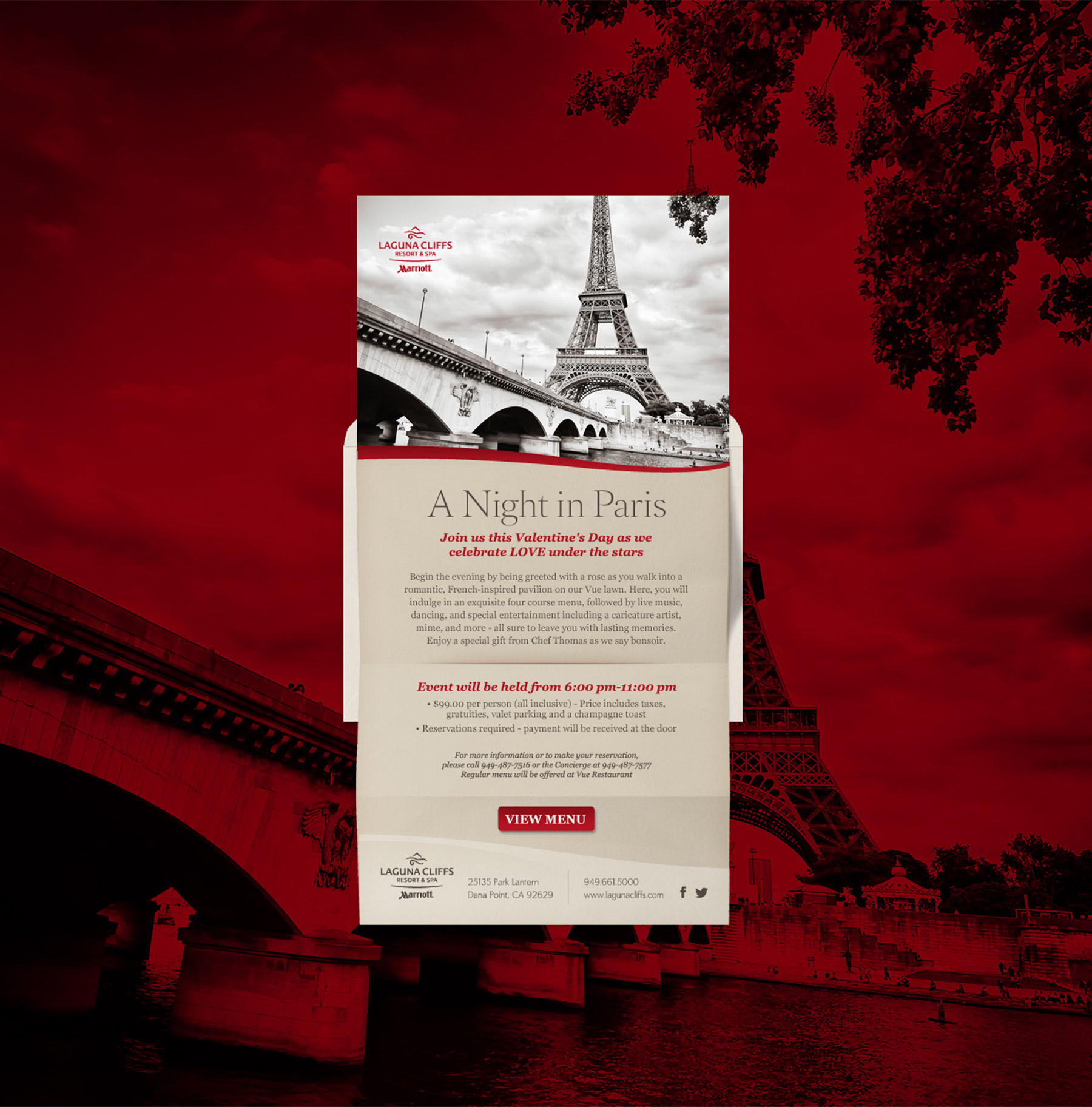 A romantic Paris-themed event flyer featuring the Eiffel Tower and event details on a red background.