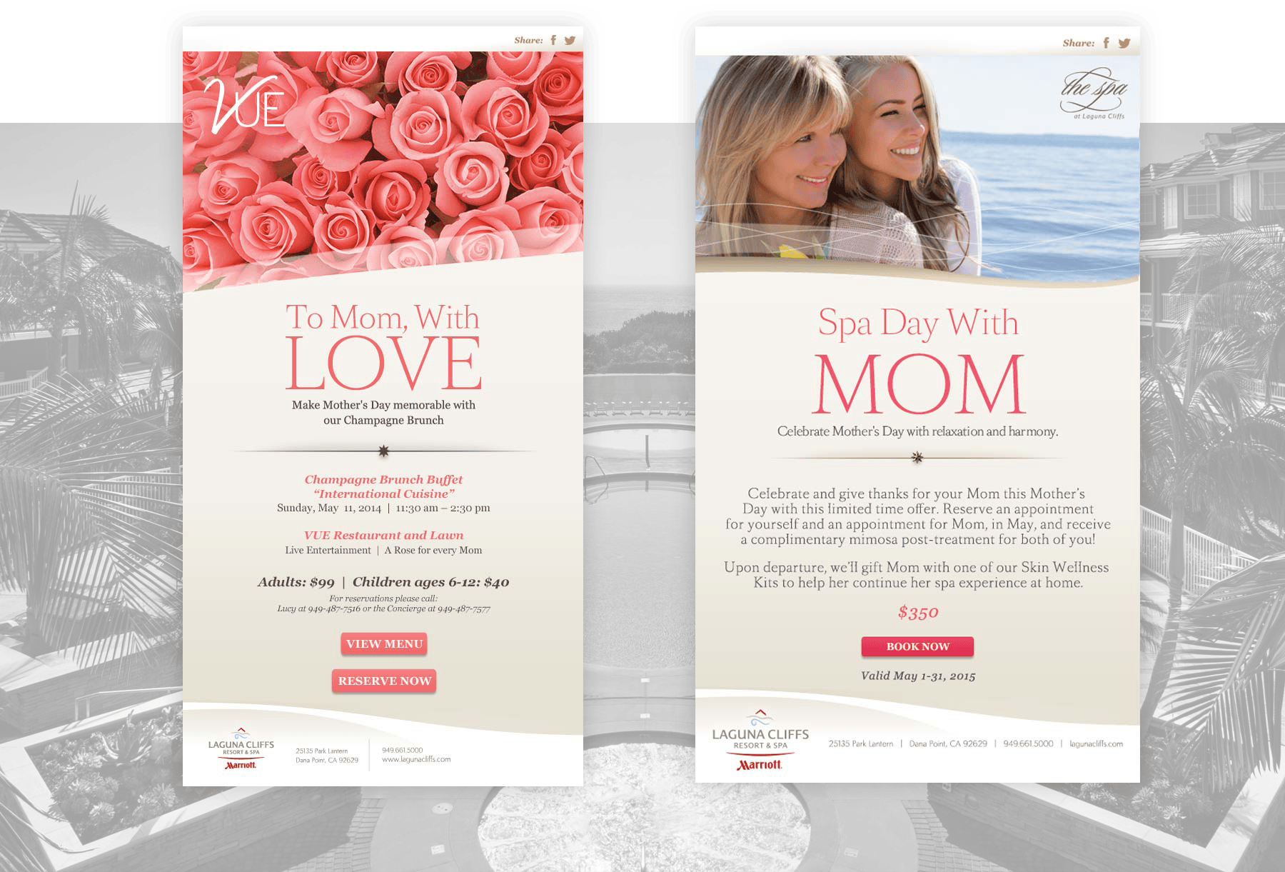 Two Mother’s Day event flyers: a brunch with pink roses and a spa day with two smiling women.