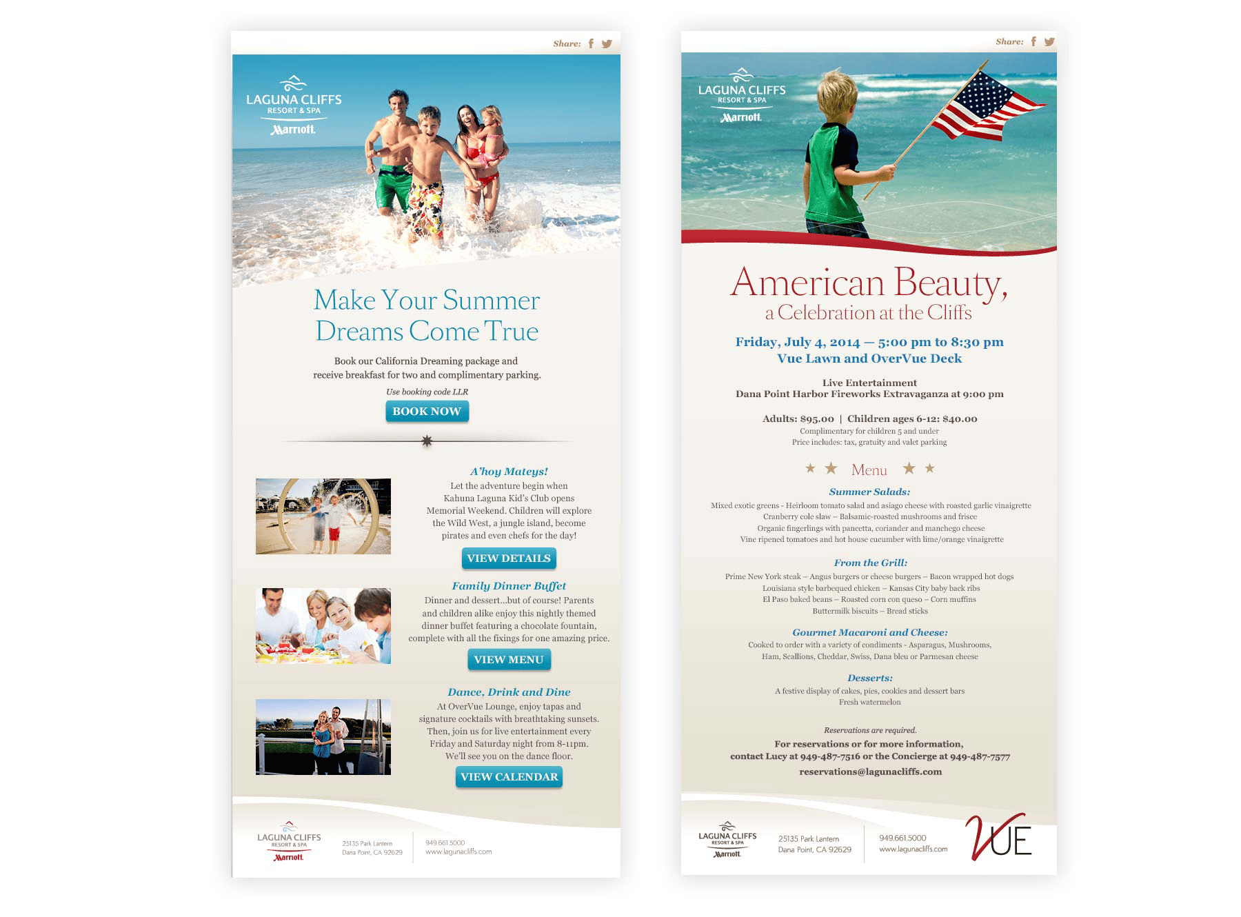 Two event flyers for Laguna Cliffs Marriott, featuring summer activities and a July 4th celebration by the beach.