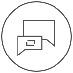 Two overlapping speech bubbles inside a circle, representing communication or messaging—perfect for illustrating the collaborative spirit of Braintrust Agency - About Us.