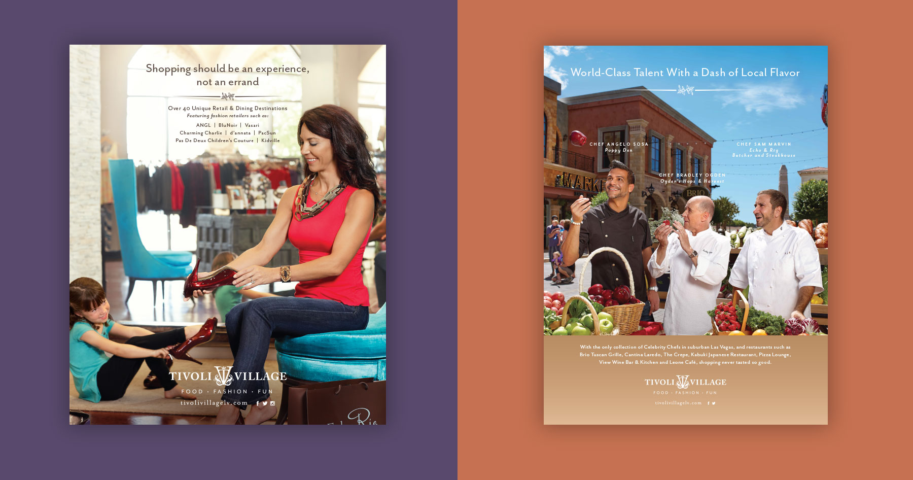Left: Woman tries on red shoes as a girl looks on. Right: Three chefs stand behind a market table of fresh produce.