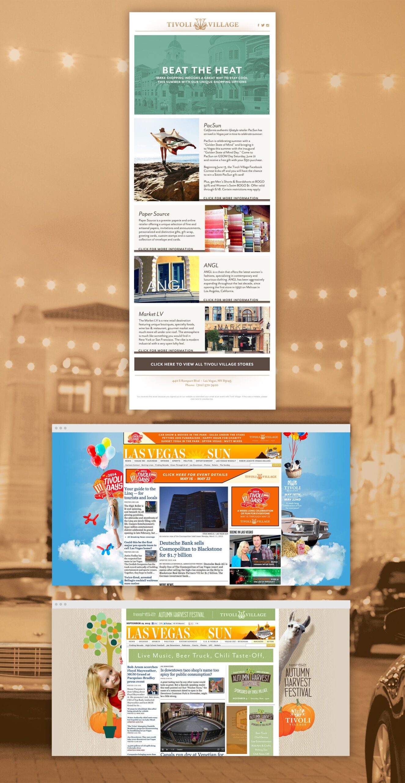 Three colorful website homepage designs displayed vertically on a sepia-toned city background with cars.