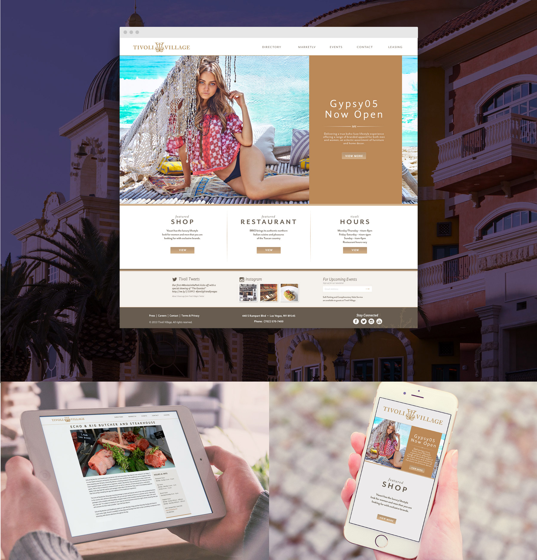 A lifestyle website is shown on desktop, tablet, and phone screens, alongside Mediterranean-style buildings.