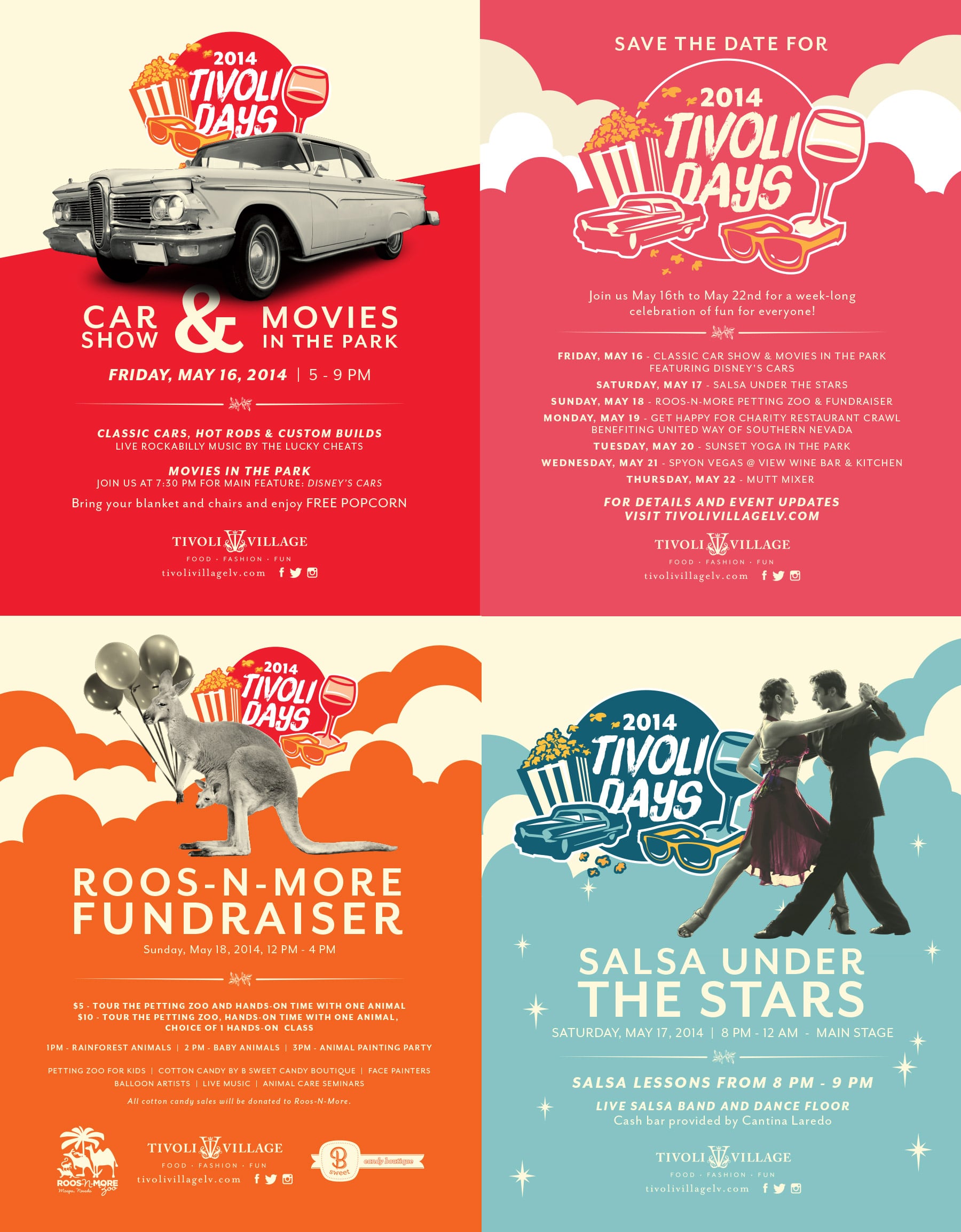 Tivoli Days 2014 event poster with vintage car, couple dancing, and event details on a colorful background.