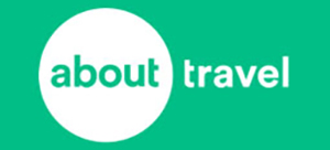 White text about travel on a green background, with about inside a white circle.