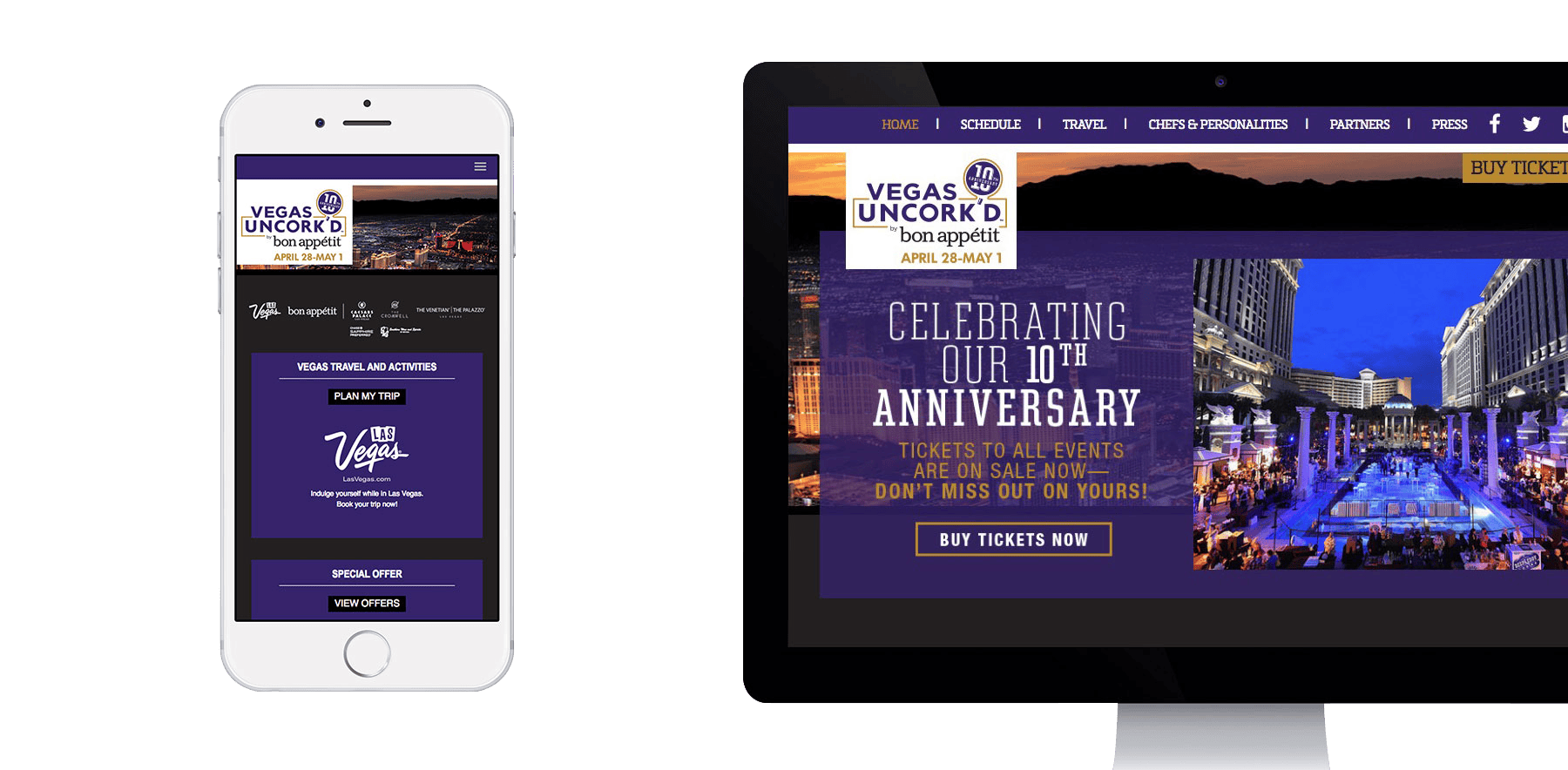 A phone and computer display a purple Vegas Uncork’d 10th anniversary event website with ticket info.