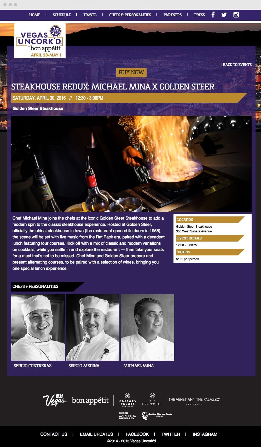 Event page for Steakhouse Redux: Michael Mina x Golden Steer with chef photos and event details.