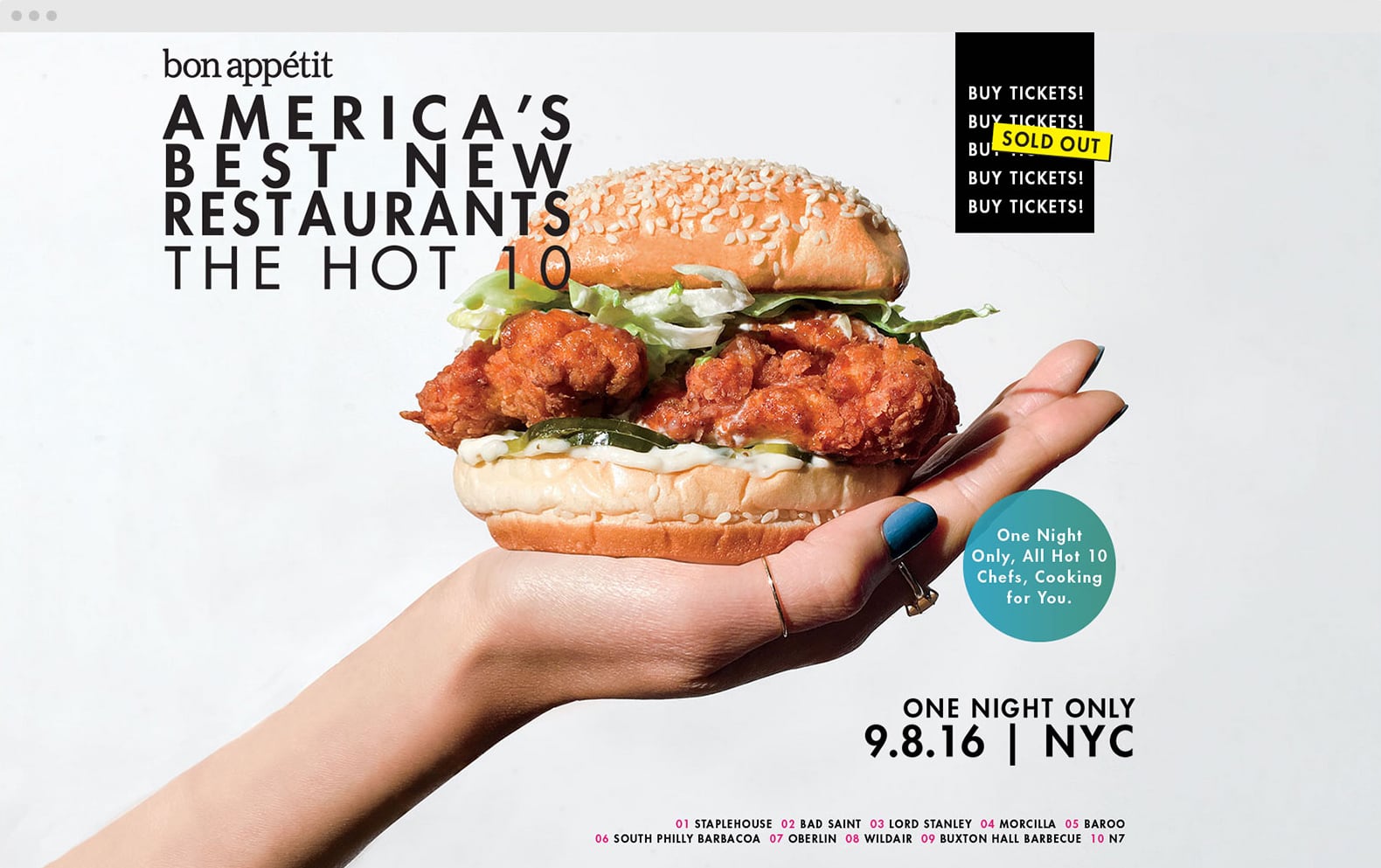 A hand holds a fried chicken sandwich; event info for Americas Best New Restaurants is displayed beside it.