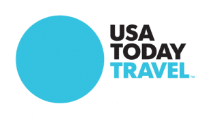 USA Today Travel logo with a large blue circle and bold black and blue text on a white background.