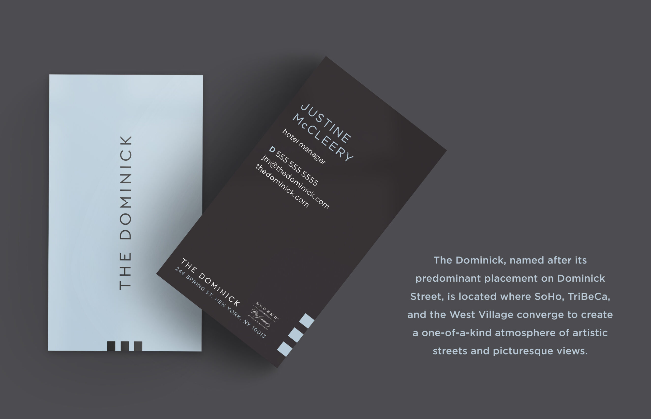 Two business cards for The Dominick hotel on a dark background, with descriptive hotel text to the right.