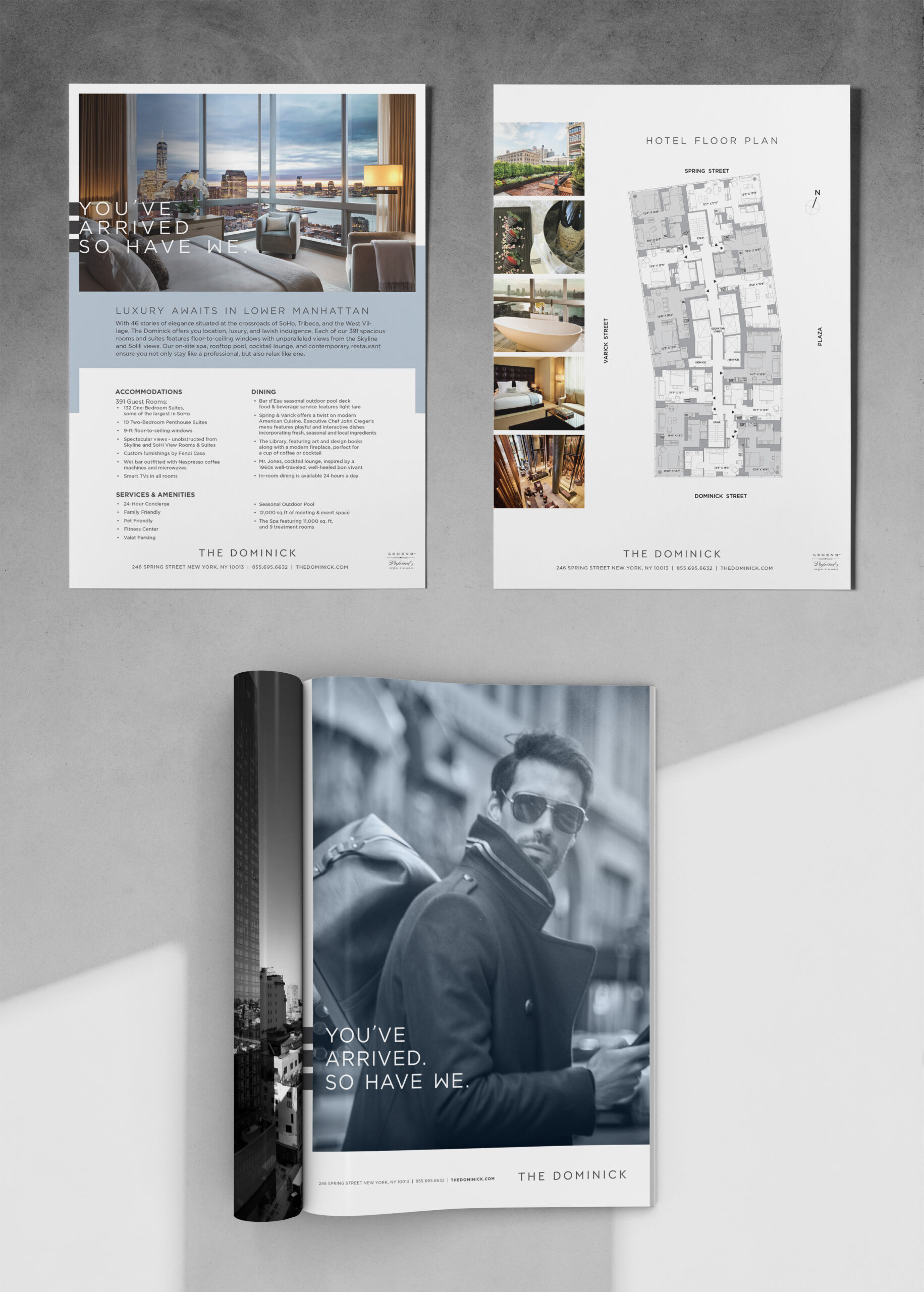 Three luxury hotel brochures and magazine ad with images, text, and a floor plan for The Dominick in Manhattan.