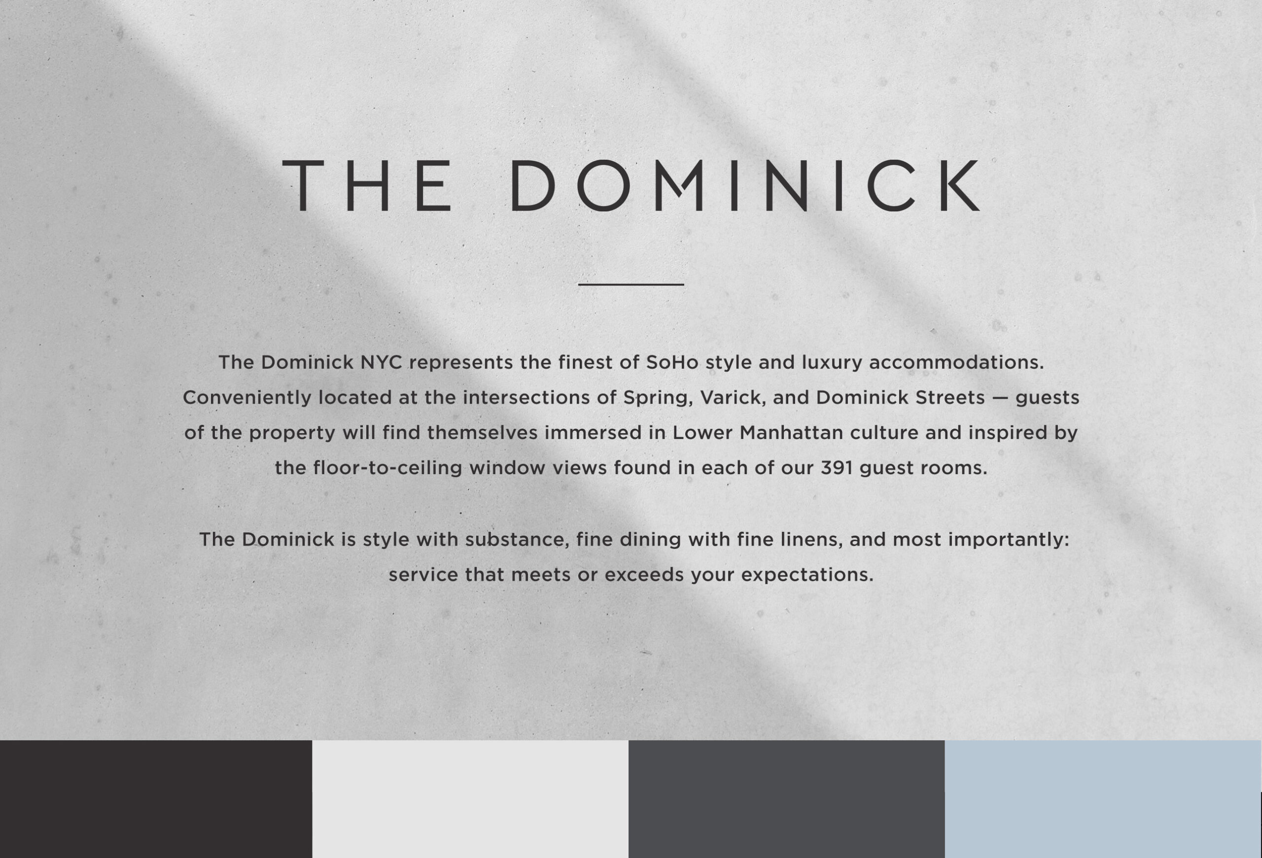The Dominick NYC description with gray, black, white, and blue color swatches at the bottom.