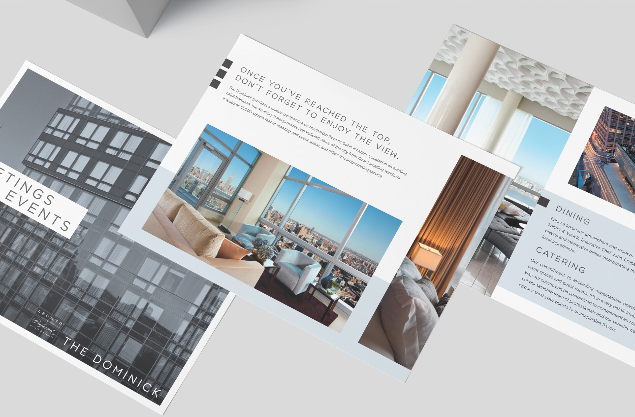 Three brochures display luxury hotel interiors, city views, and information about events, dining, and catering.