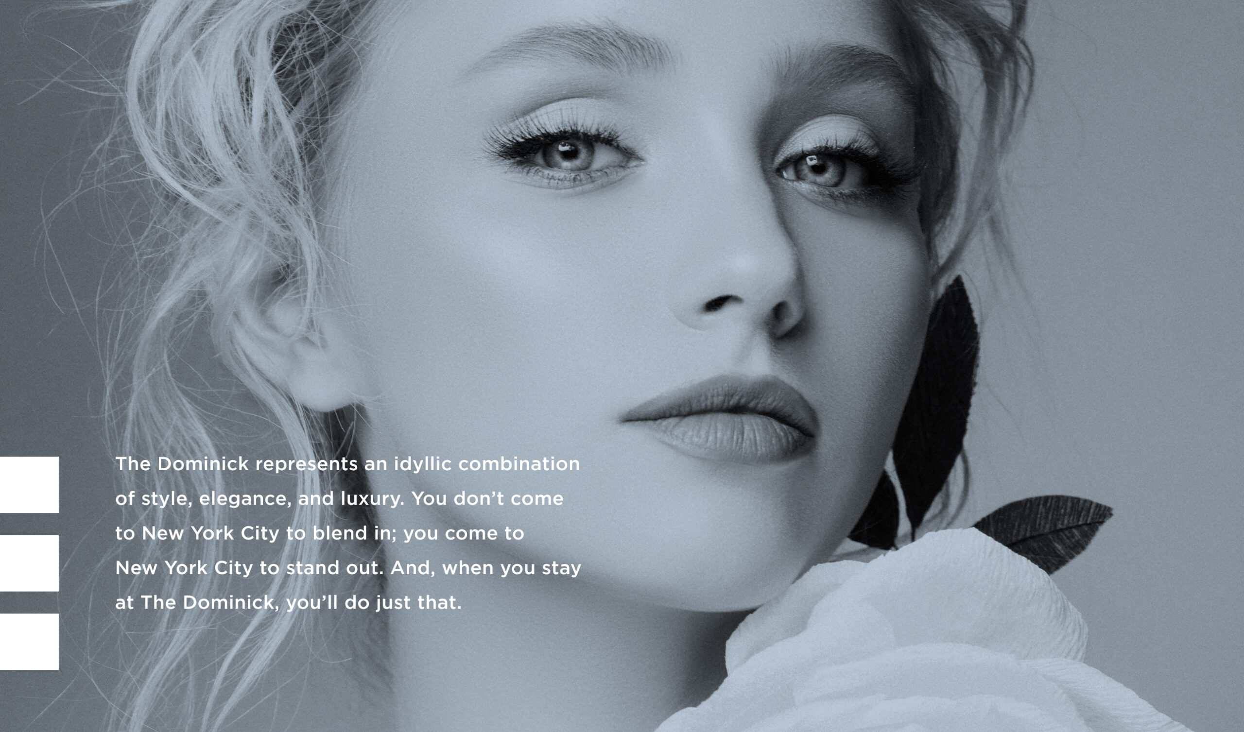 Black and white close-up of a woman with light eyes, holding a white flower, text overlay on the left side.