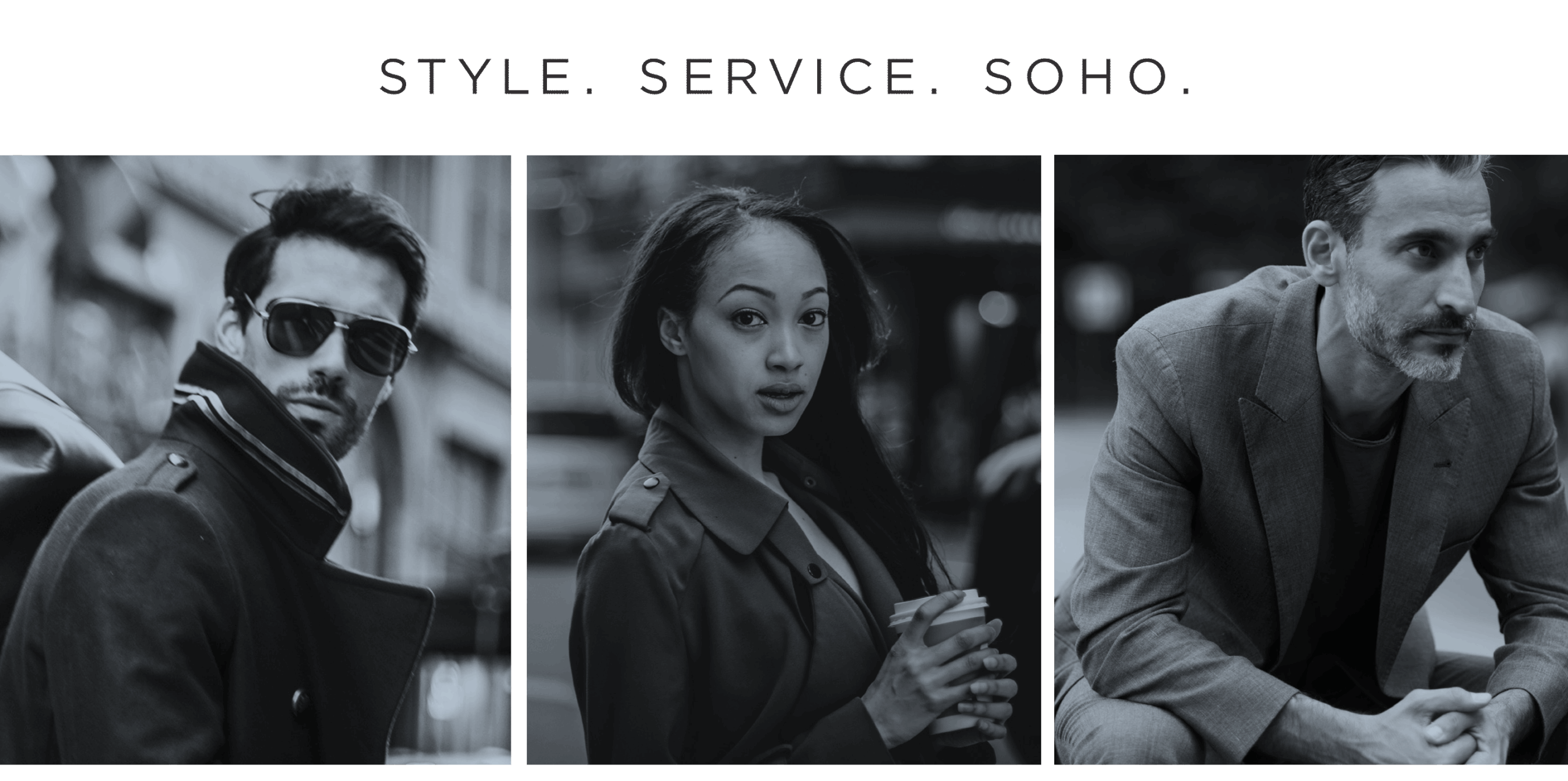 Three stylishly dressed people in Soho: a man in sunglasses, a woman with coffee, and a man in a suit.