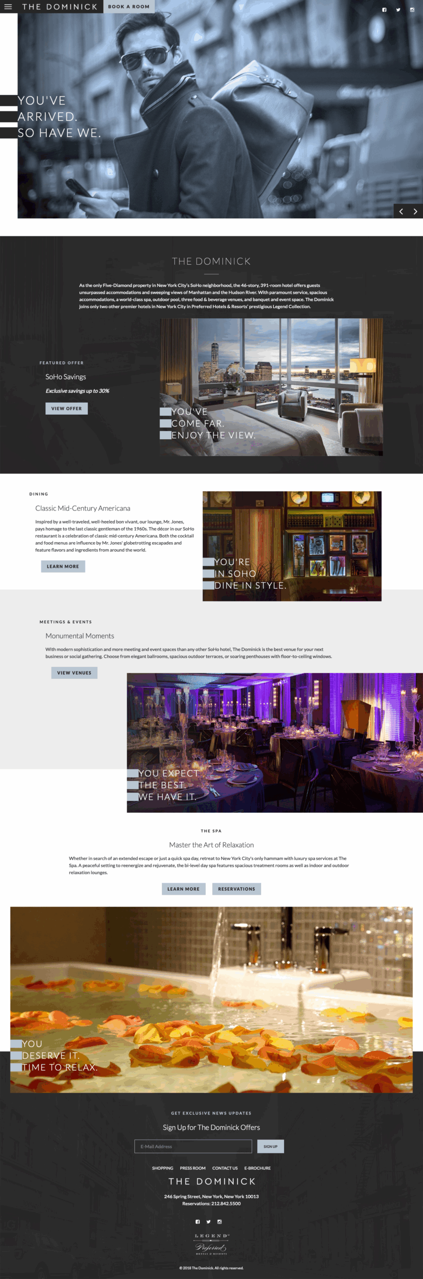 A modern hotel website featuring luxury rooms, dining, event spaces, and cityscape views.