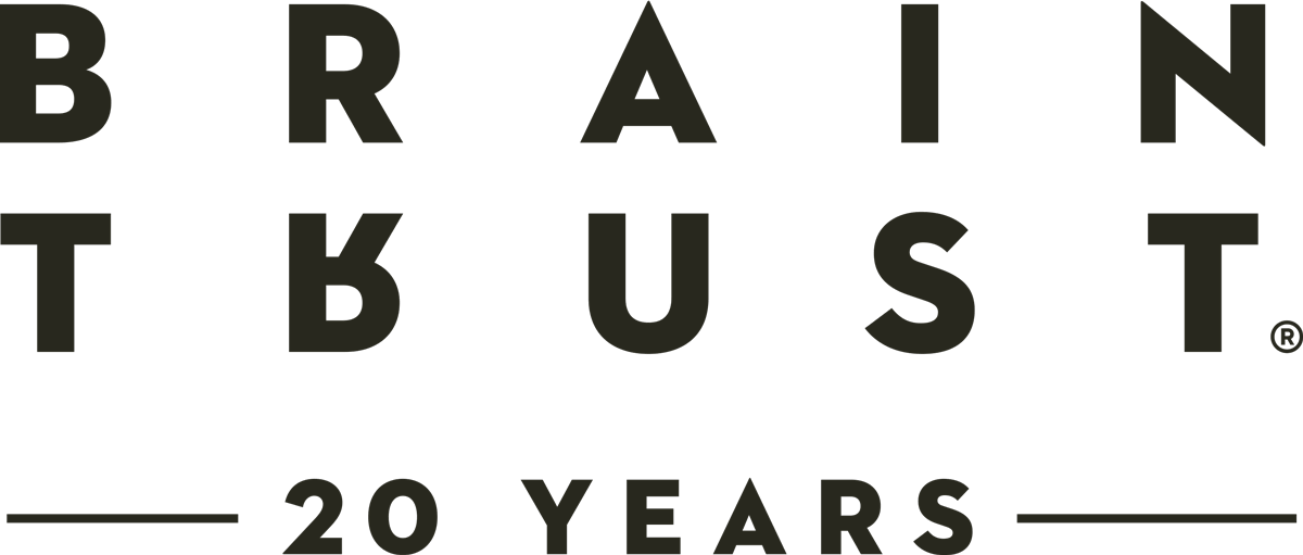 Black text reads BRAINTRUST 20 YEARS in a bold, modern font on a white background.