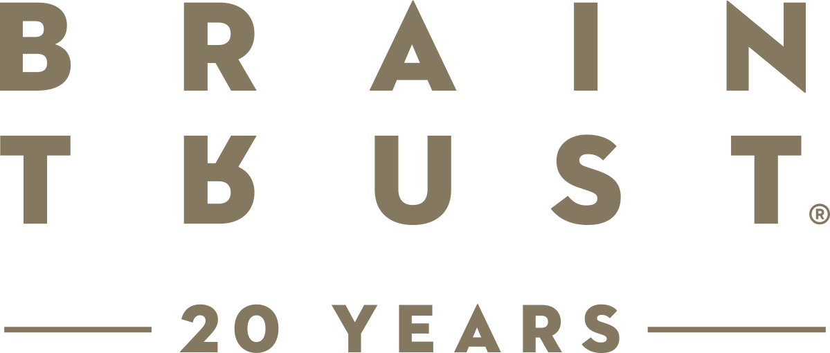 Logo reads BRAIN TRUST 20 YEARS in bold, spaced-out capital letters with a modern font.