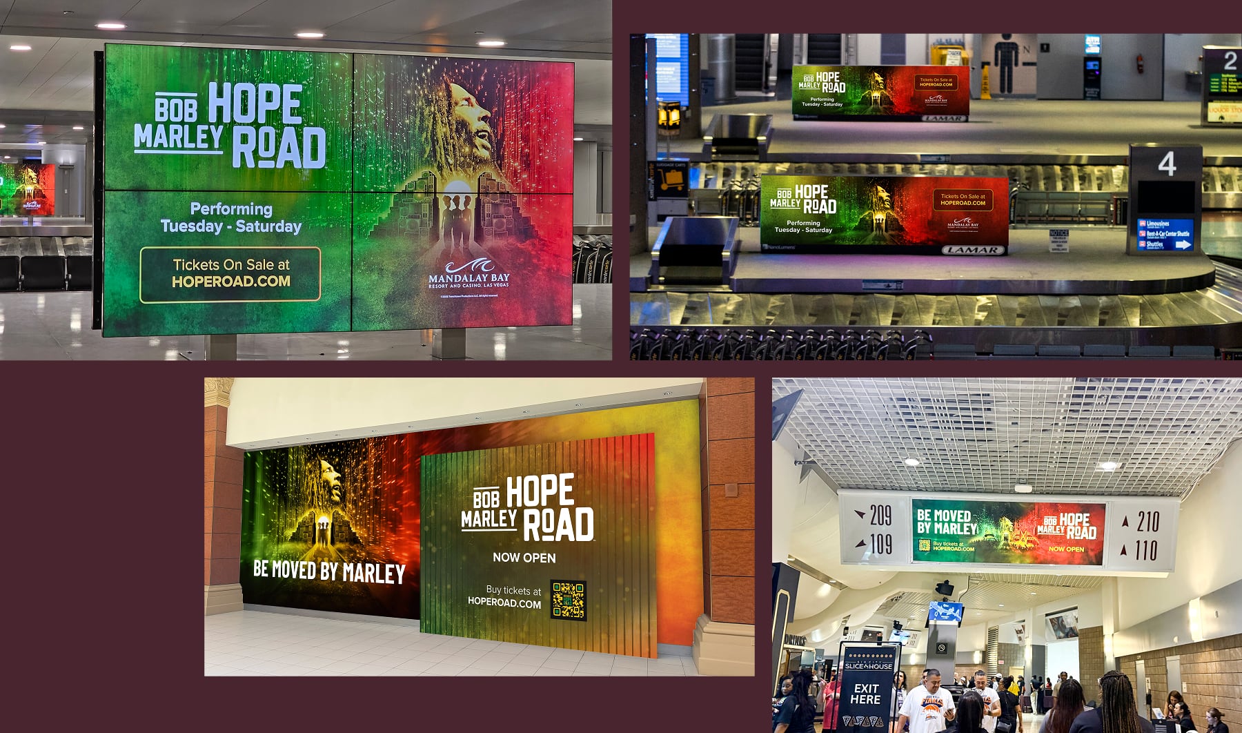 Billboards and signs at an airport advertise Bob Marley Hope Road with vibrant colors and Marley’s image.