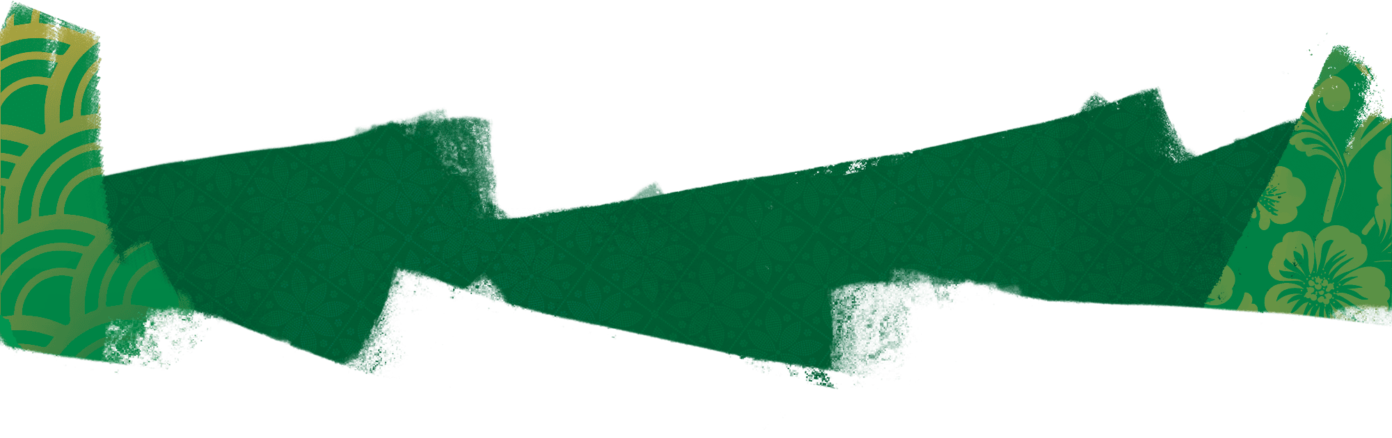 Green paint streak with gold and green patterned accents on a white background.