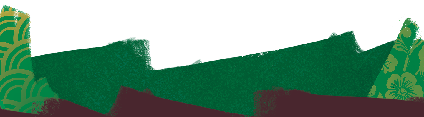 Abstract green and maroon shapes with patterned accents and floral designs on a white background.