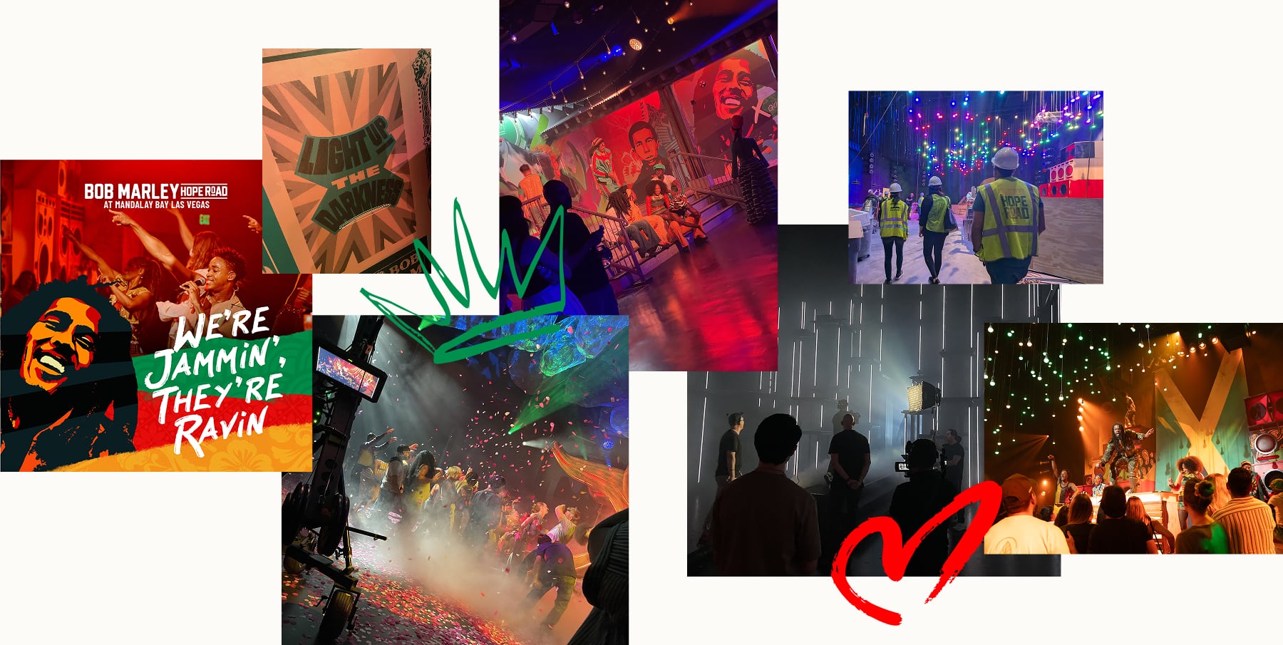Collage of Bob Marley musical scenes, performers, colorful lights, slogans, and vibrant concert crowds.
