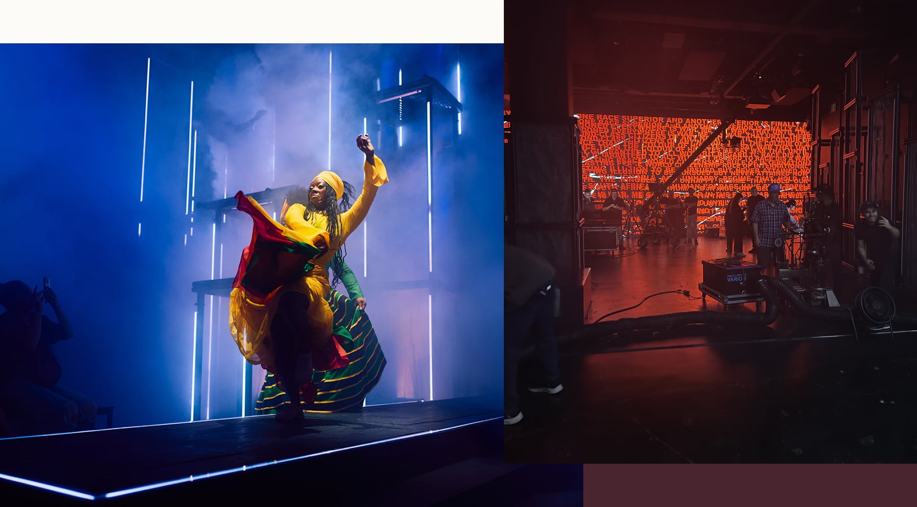 Performer in vibrant costume on stage with blue lights; crew works backstage with red screen in background.
