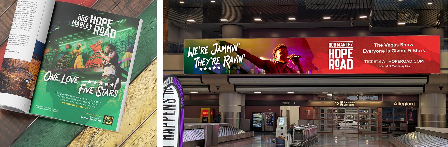 A magazine ad and an airport banner promote Bob Marley’s Hope Road show with vibrant images and bold text.