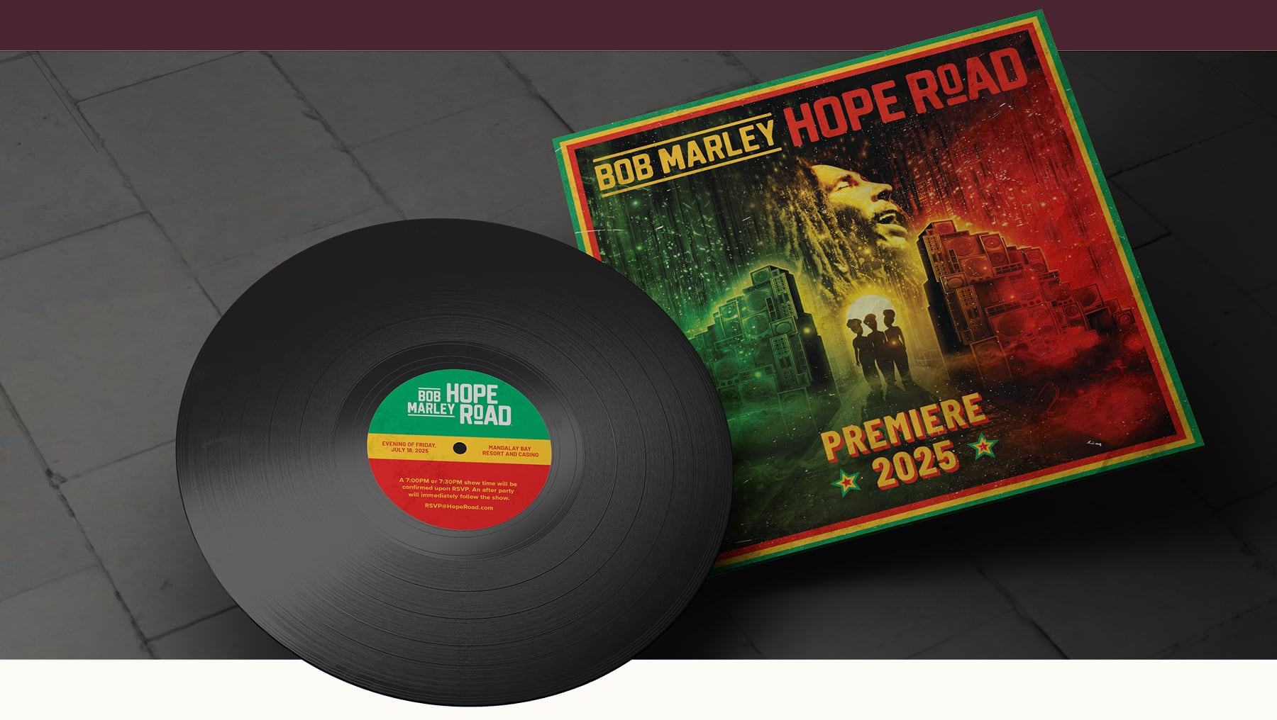A vinyl record beside its colorful Bob Marley Hope Road album cover with Premiere 2025 written.
