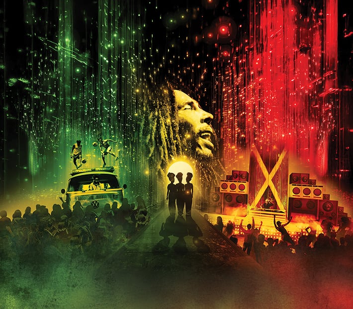 A vibrant, reggae-themed scene with a large face, a van, crowds, musicians, and red, yellow, and green colors.